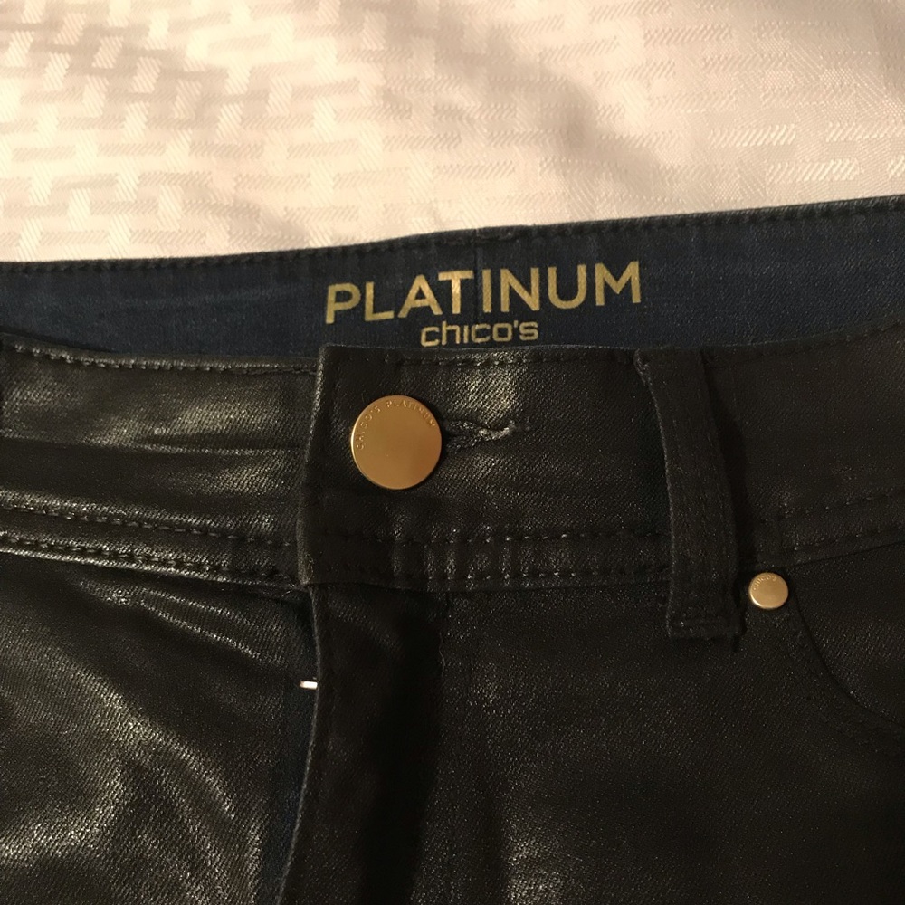 Chico’s Platinum Stretch Faux Leather Jeans